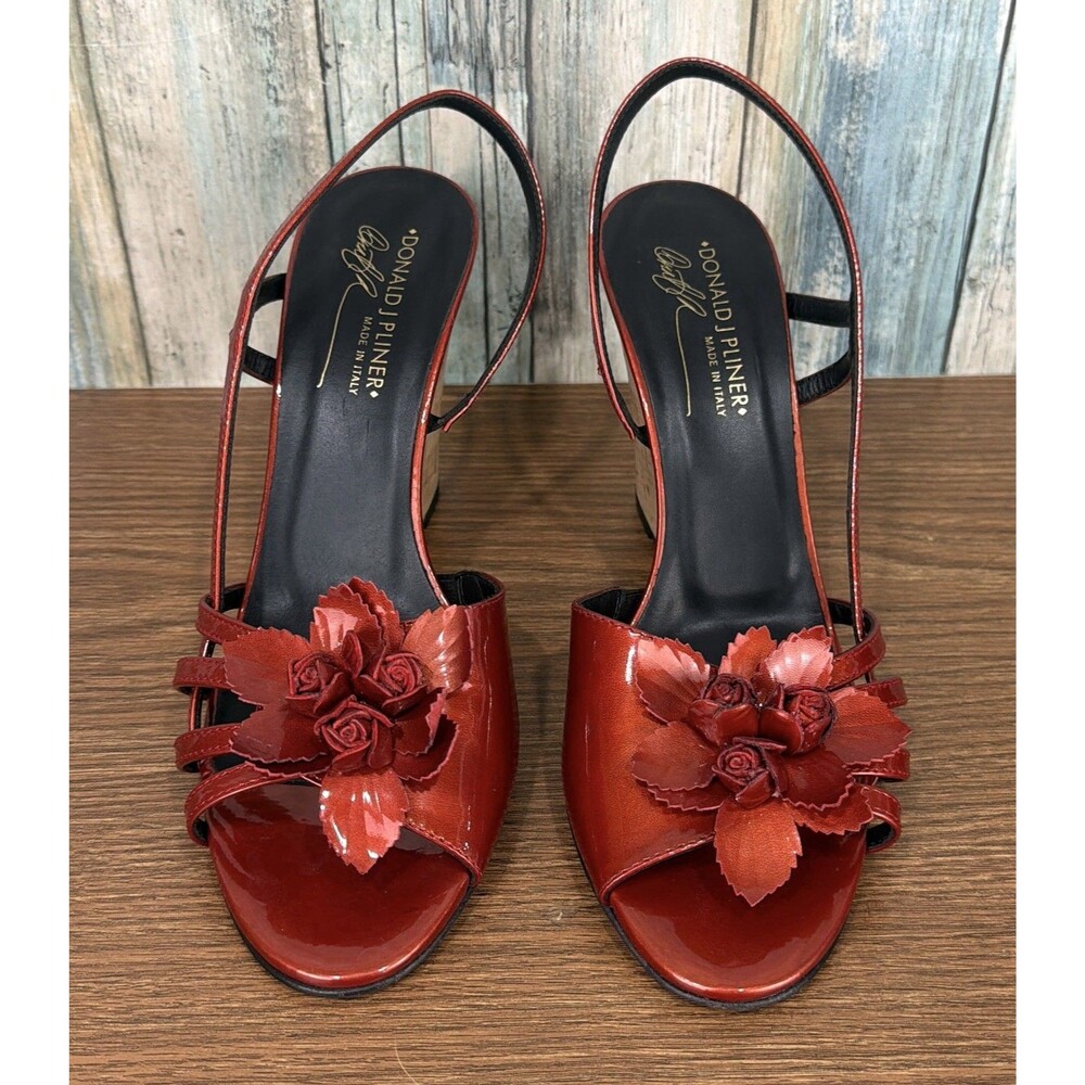 Donald J Pliner Womens 9.5 Red Leather Cork Wedge Slingback Flower Sandals - Picture 3 of 12